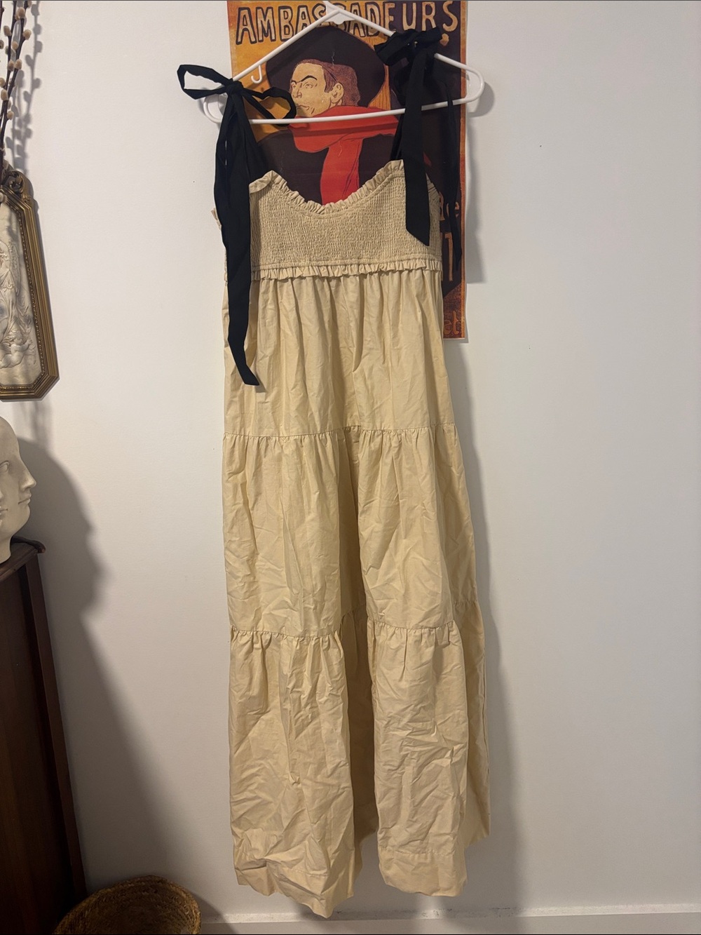 La Lavon Women’s Cream Tiered Maxi Dress with Black Tie Straps